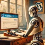 Ein humanoider Roboter sitzt an einem Schreibtisch, sanftes Licht und impressionistische Atmosphäre umgeben ihn, während er auf einer Tastatur tippt. Das WordPress-Logo schimmert subtil im Hintergrund.