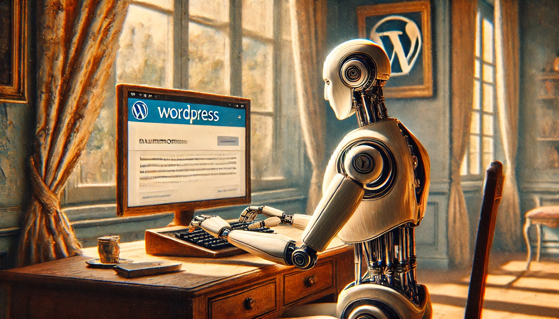 Ein humanoider Roboter sitzt an einem Schreibtisch, sanftes Licht und impressionistische Atmosphäre umgeben ihn, während er auf einer Tastatur tippt. Das WordPress-Logo schimmert subtil im Hintergrund.