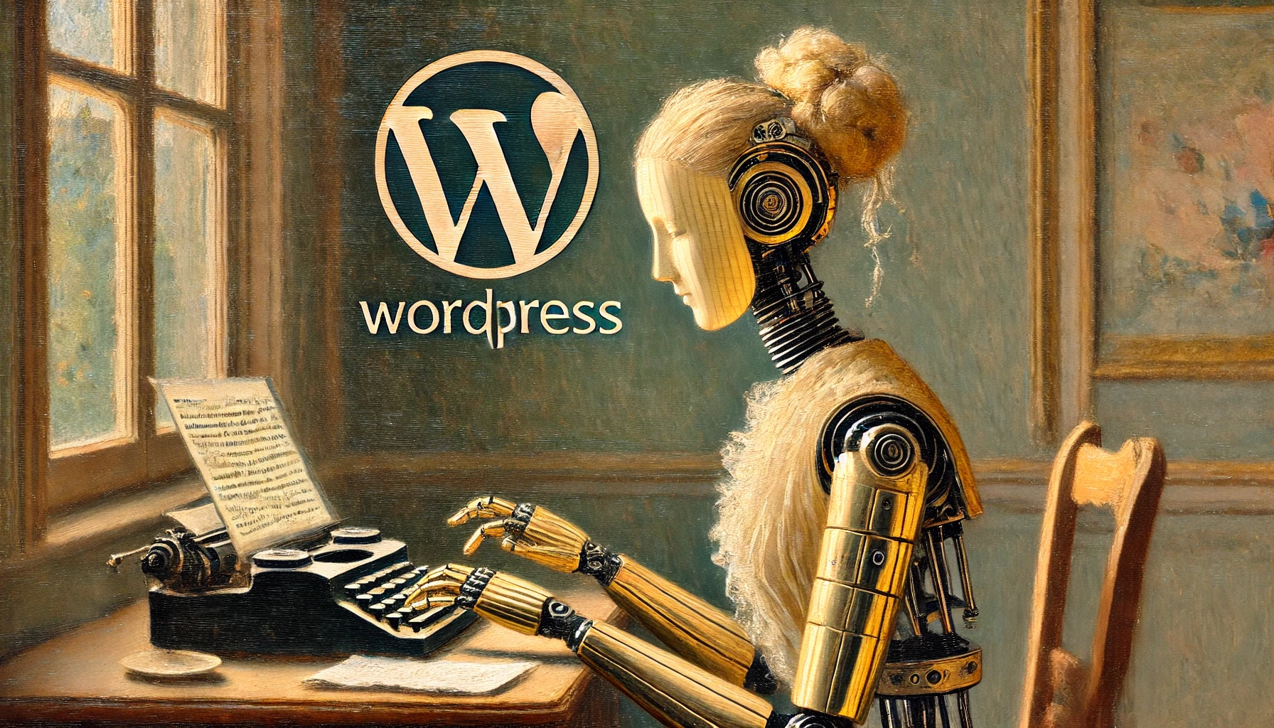 Eine zierliche, weibliche Roboterin, umgeben von weichem Licht, vertieft in ihre Arbeit an einer Tastatur. Ein kunstvoll integriertes WordPress-Logo harmoniert mit der impressionistischen Szene.