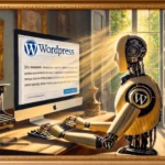 Ein eleganter, männlicher Roboter tippt auf einer Tastatur, während die Sonne durch ein Fenster fällt und das WordPress-Logo sich dezent in die malerische Umgebung einfügt.