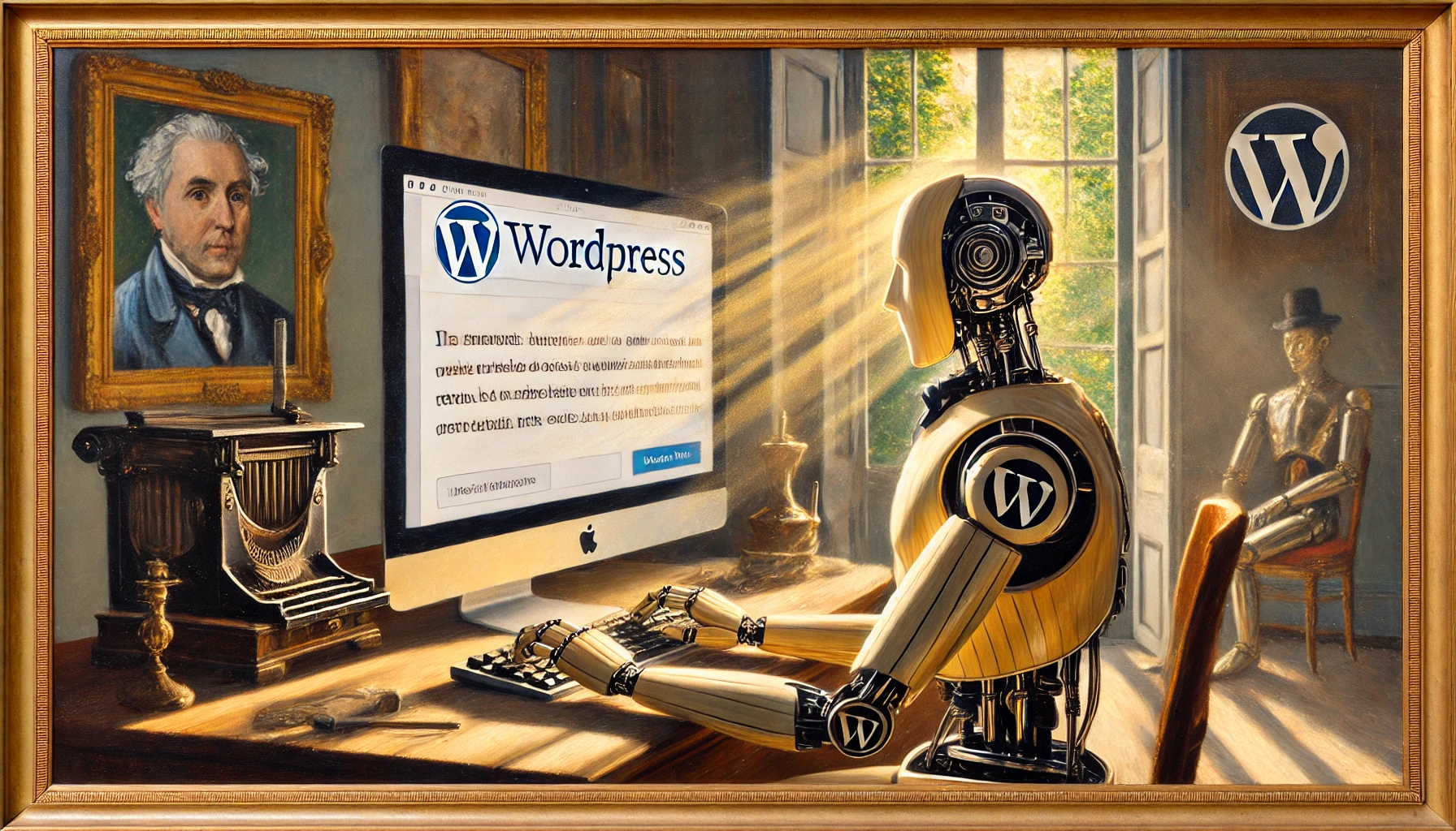 Ein eleganter, männlicher Roboter tippt auf einer Tastatur, während die Sonne durch ein Fenster fällt und das WordPress-Logo sich dezent in die malerische Umgebung einfügt.