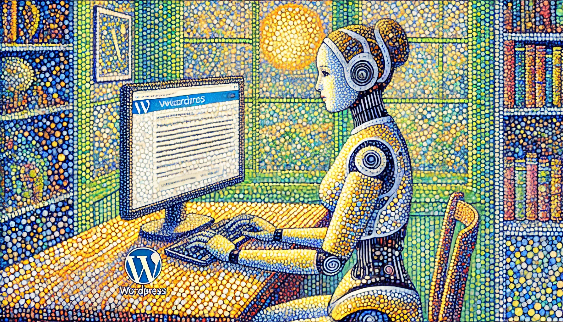 Eine weibliche Roboterin arbeitet an einer Tastatur, die feinen Punkte der Umgebung schaffen eine friedliche, impressionistische Atmosphäre. Das WordPress-Logo schimmert dezent im Hintergrund.