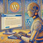 Ein männlicher Roboter, elegant in einer von Punkten geprägten Szene, tippt auf einer Tastatur. Die Farben und das Licht fügen sich sanft ineinander, das WordPress-Logo ist subtil eingebettet.