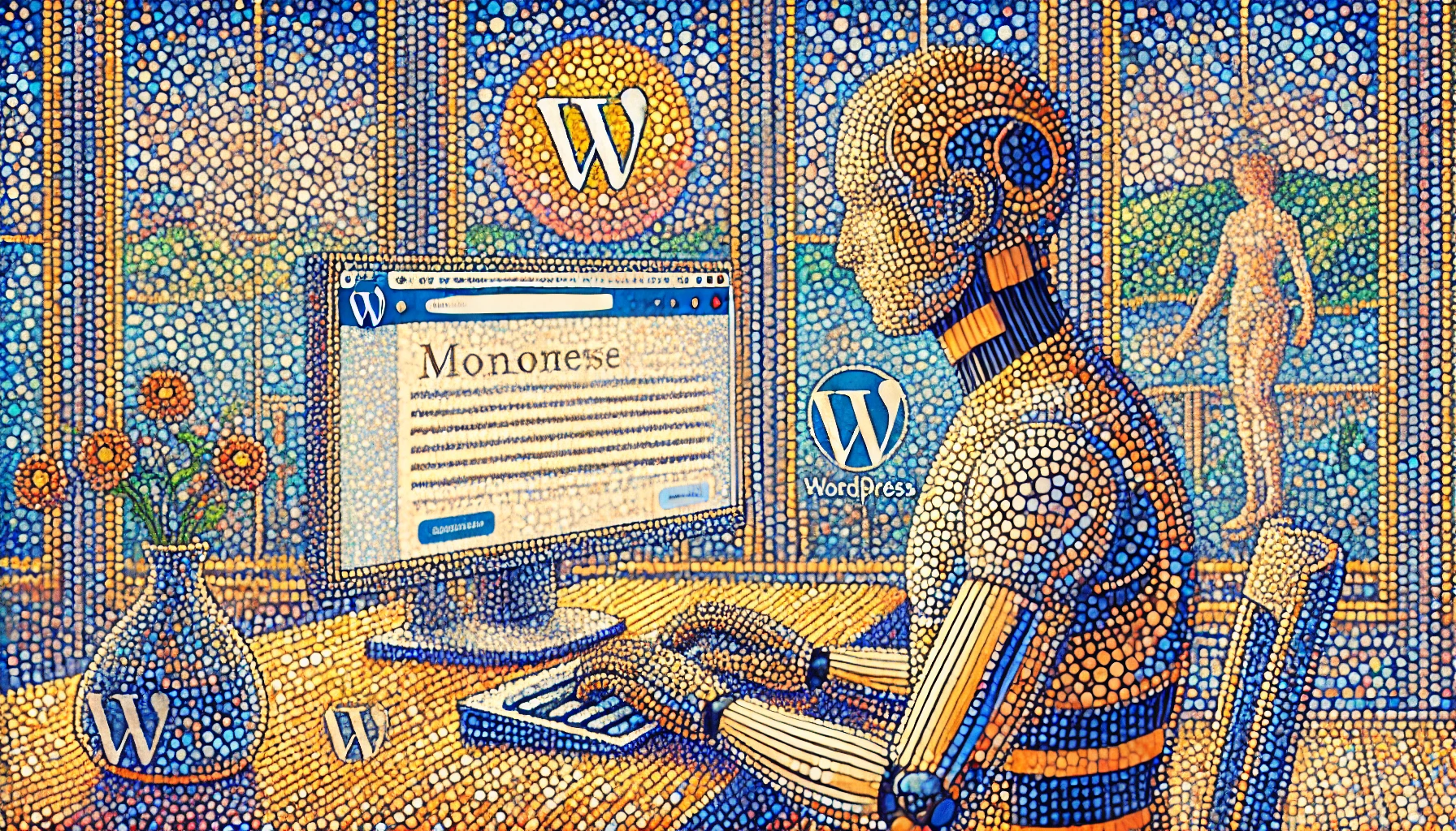 Ein männlicher Roboter, elegant in einer von Punkten geprägten Szene, tippt auf einer Tastatur. Die Farben und das Licht fügen sich sanft ineinander, das WordPress-Logo ist subtil eingebettet.