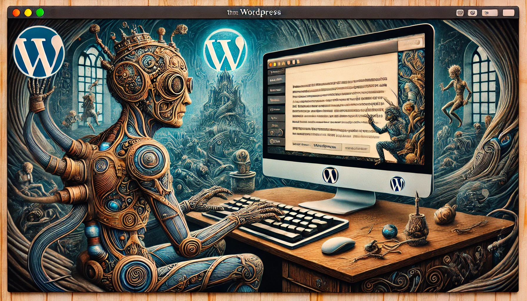 in humanoider Roboter sitzt an einem Schreibtisch, umgeben von surrealen, fantastischen Kreaturen und dunklen Landschaften. Das WordPress-Logo ist subtil in die komplexe, boschähnliche Szene integriert.