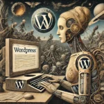 Eine weibliche Roboterin sitzt an einem Schreibtisch, umgeben von einer fantastischen und mysteriösen Welt. Das WordPress-Logo ist dezent in die surreale Umgebung integriert.