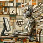 Ein weiblicher humanoider Roboter im kubistischen Stil sitzt an einem Schreibtisch und tippt auf einer Tastatur. Ein Bildschirm zeigt unleserlichen Text, während die geometrischen Formen der Umgebung die kubistische Ästhetik betonen, einschließlich des subtil integrierten WordPress-Logos.