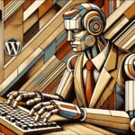 Ein männlicher humanoider Roboter, gestaltet im kubistischen Stil, sitzt an einem Schreibtisch und tippt auf einer Tastatur. Die Umgebung ist von scharfen, abstrakten Formen geprägt, und das WordPress-Logo fügt sich harmonisch in das kubistische Design ein.