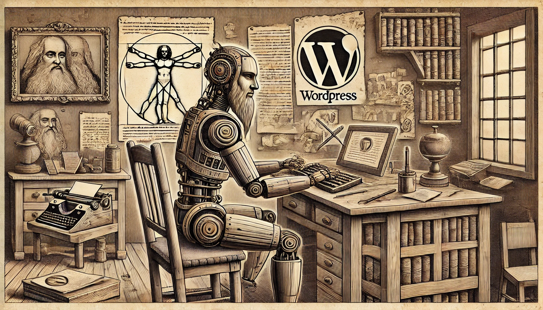 Roboter am Computer beschäftigt sich mit WordPress06