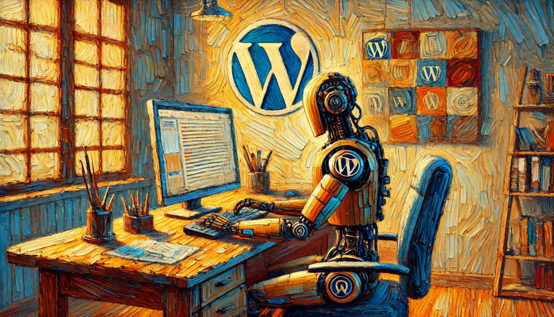 Roboter am Computer beschäftigt sich mit WordPress50