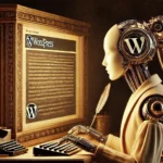 Weiblicher Roboter arbeitet an einer Tastatur, WordPress-Logo im düsteren Hintergrund.