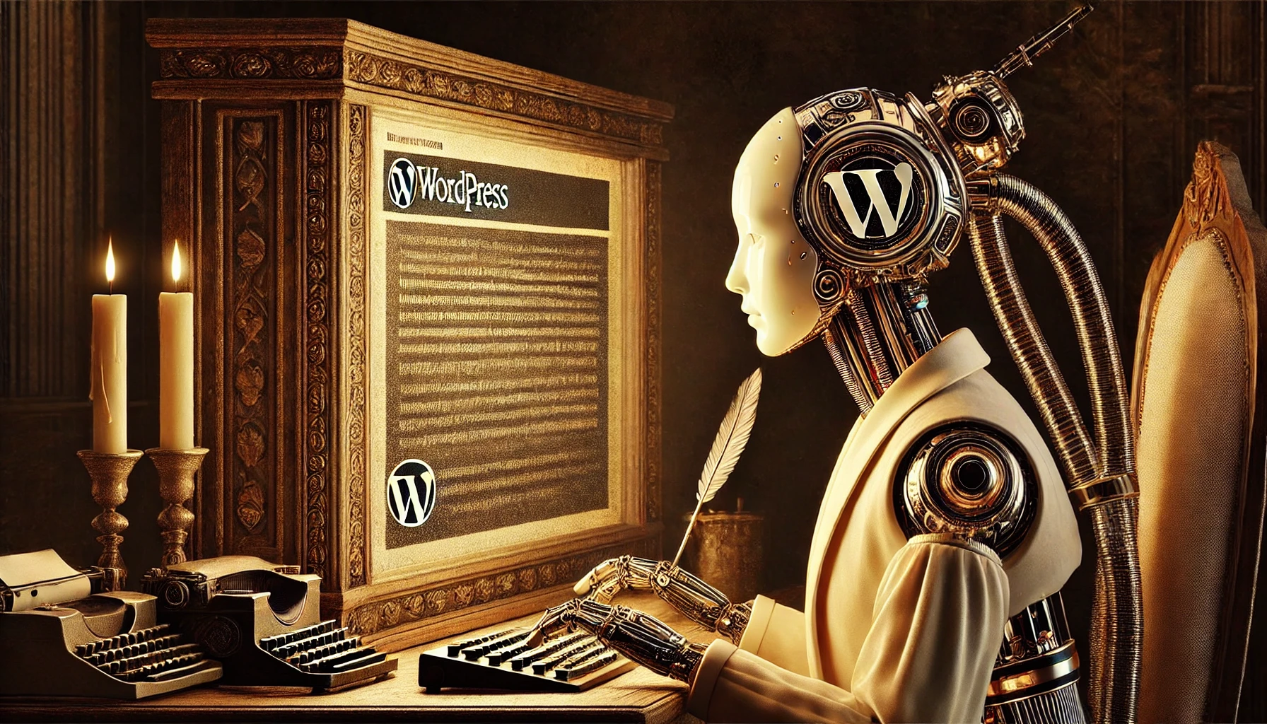 Weiblicher Roboter arbeitet an einer Tastatur, WordPress-Logo im düsteren Hintergrund.