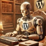 Ein männlicher humanoider Roboter sitzt an einem antiken Schreibtisch und tippt auf einer Tastatur, umgeben von warmem Kerzenlicht und detailreichen Holztexturen. Ein leuchtender Bildschirm zeigt unleserliche Texte. Das WordPress-Logo ist elegant in ein altes Buch auf dem Tisch eingearbeitet.