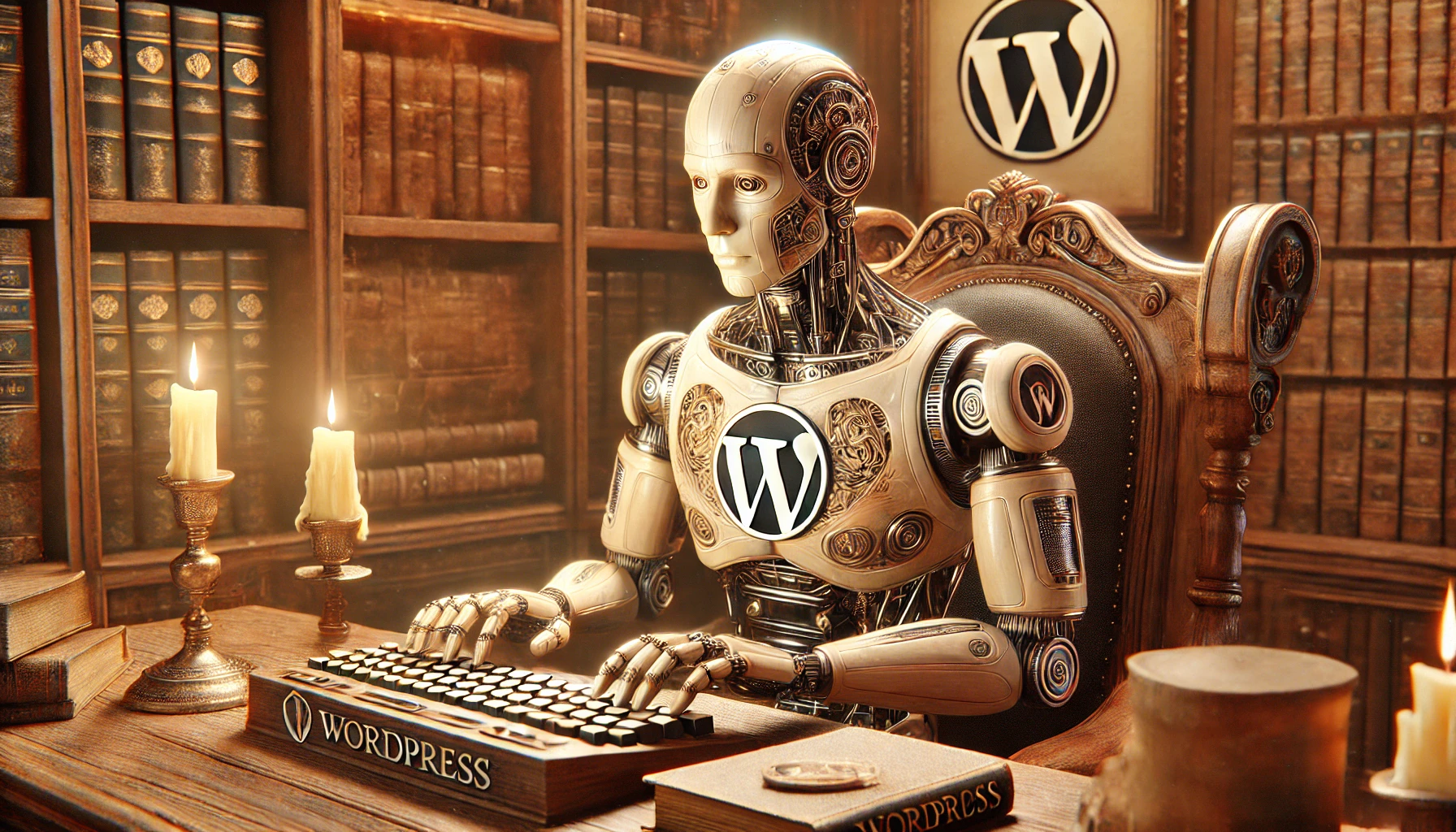 Ein männlicher humanoider Roboter sitzt an einem antiken Schreibtisch und tippt auf einer Tastatur, umgeben von warmem Kerzenlicht und detailreichen Holztexturen. Ein leuchtender Bildschirm zeigt unleserliche Texte. Das WordPress-Logo ist elegant in ein altes Buch auf dem Tisch eingearbeitet.