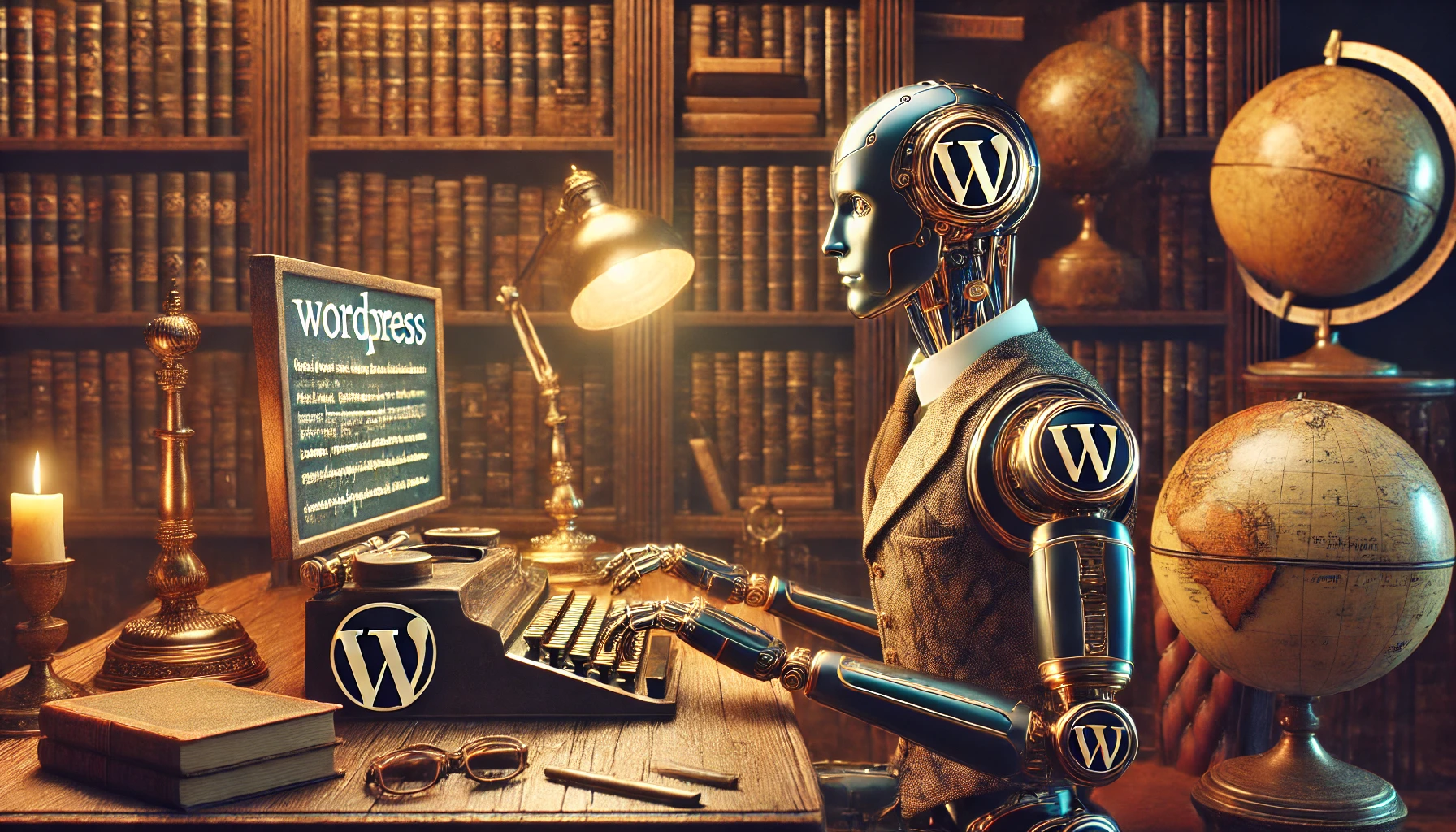 Ein männlicher humanoider Roboter mit einem klassischen, fast steampunk-artigen Design sitzt in einem schwach beleuchteten Arbeitszimmer und tippt auf einer Tastatur. Ein Bildschirm zeigt unleserliche Texte, während das WordPress-Logo subtil in eine verzierte Messing-Schreibtischlampe integriert ist.