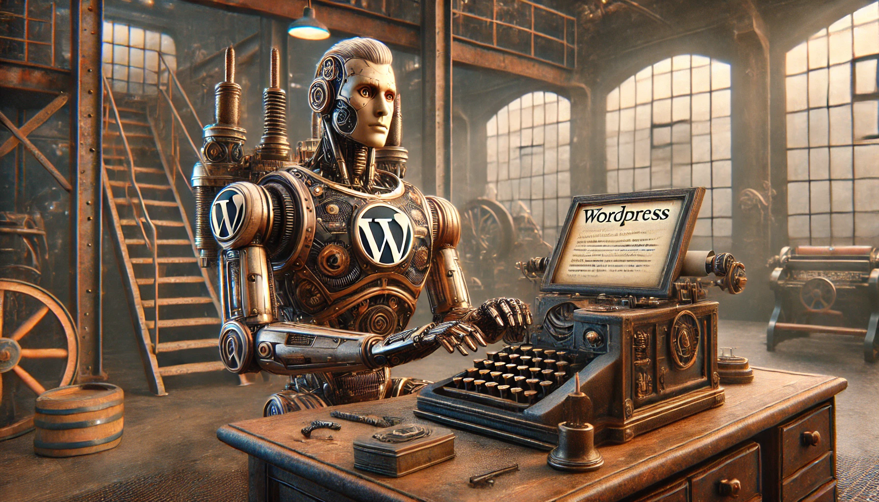 Ein männlicher humanoider Roboter mit robuster, dampfbetriebener Mechanik sitzt in einer industriellen Werkstatt und tippt auf einer Tastatur. Ein Bildschirm zeigt unleserliche Texte, während das WordPress-Logo subtil in eine Messing- und Eisenkonstruktion auf dem Schreibtisch integriert ist.