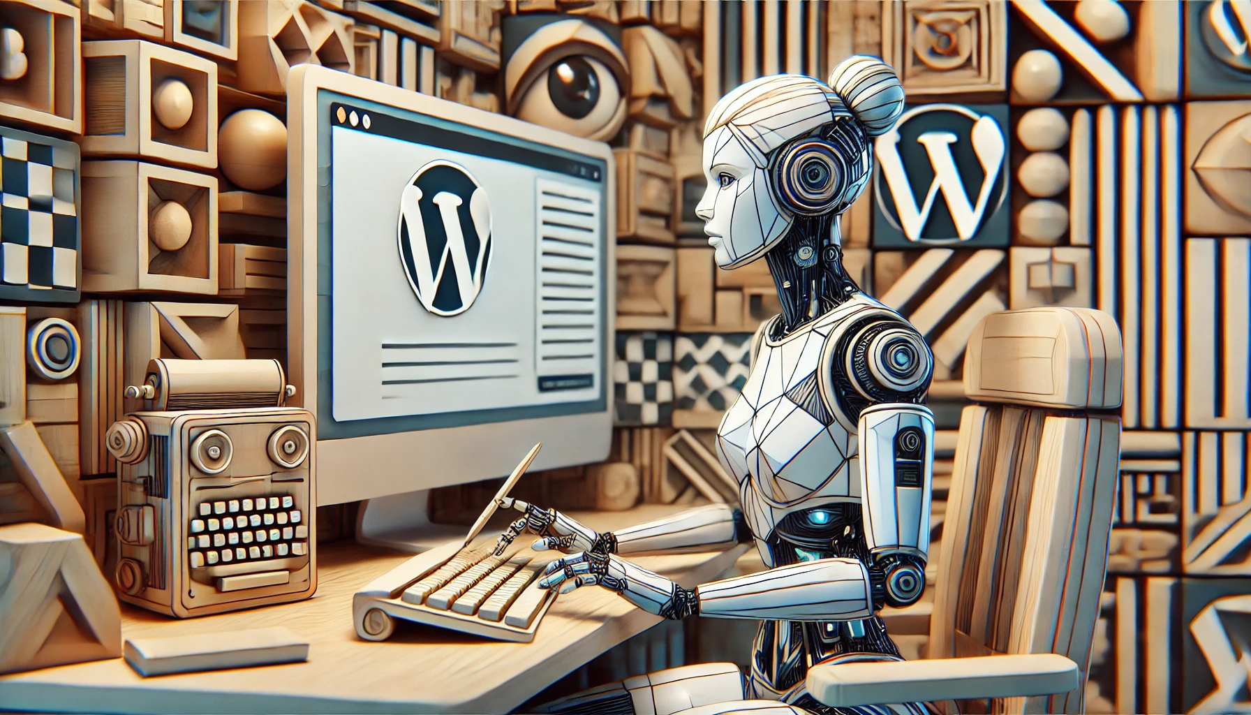 Ein weiblicher humanoider Roboter, gestaltet im kubistischen Stil, arbeitet an einer Tastatur in einer futuristischen, geometrischen Umgebung. Ein Bildschirm zeigt unleserlichen Text, und das WordPress-Logo ist kunstvoll in die Szene integriert.