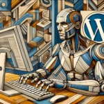 Ein männlicher Roboter im markanten kubistischen Design sitzt an einem Schreibtisch und tippt auf einer Tastatur. Die abstrakte Umgebung ist reich an Details, mit einem WordPress-Logo, das nahtlos in die geometrischen Formen eingebettet ist.