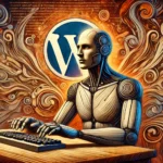 Ein männlicher humanoider Roboter tippt auf einer Tastatur, wobei das WordPress-Logo mit den fließenden, abstrakten Mustern des Hintergrunds verschmilzt.