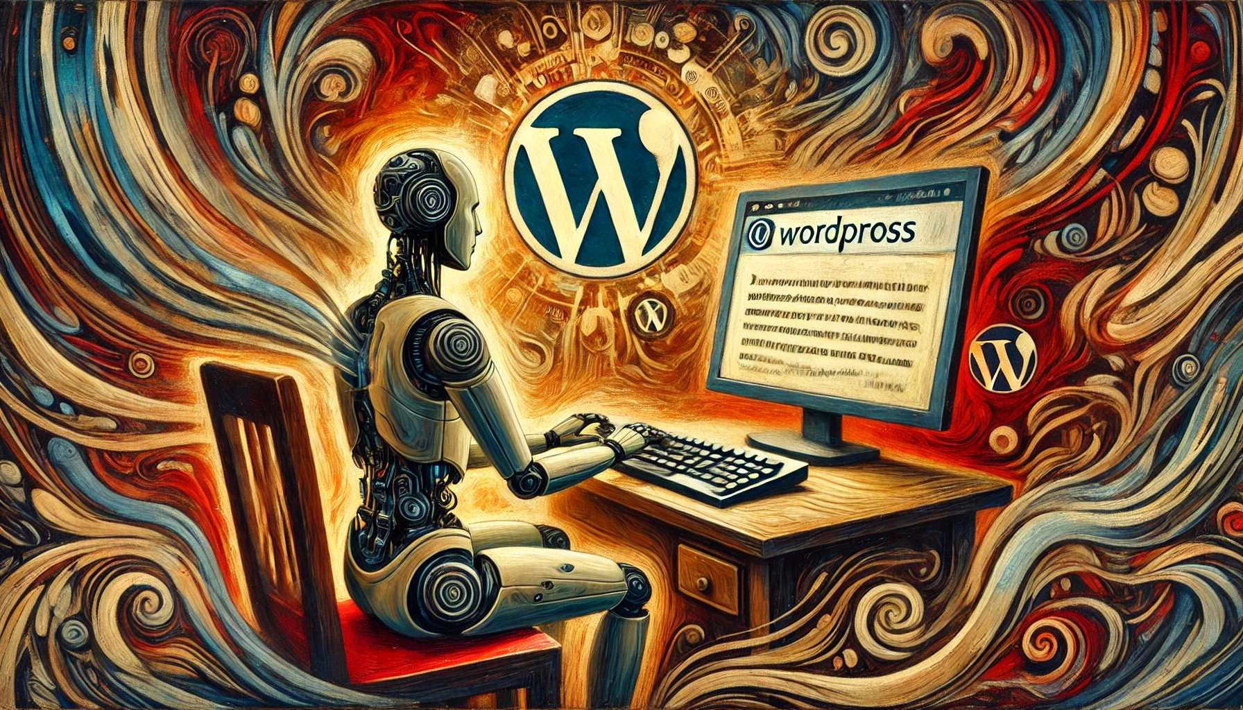 Ein männlicher humanoider Roboter sitzt am Schreibtisch und tippt; das WordPress-Logo ist in den geheimnisvollen, abstrakten Hintergrund eingearbeitet.