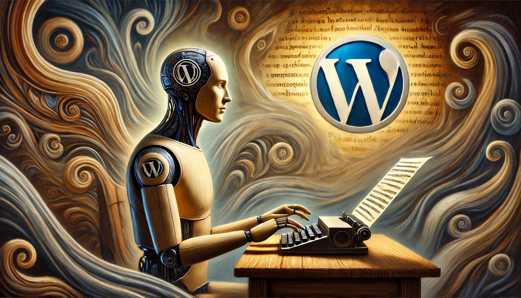 Ein männlicher humanoider Roboter tippt in einer symbolischen Umgebung auf einer Tastatur; das WordPress-Logo ist subtil in die abstrakten Muster des Hintergrunds eingebettet.