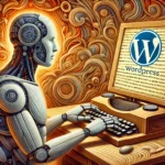 Ein männlicher humanoider Roboter arbeitet an einer Tastatur am Schreibtisch; das WordPress-Logo verschmilzt mit den surrealen Formen des Hintergrunds.