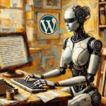 Eine humanoide Roboterfrau sitzt an einem Schreibtisch, dargestellt im impressionistischen Stil von Paul Cézanne. Die Szene ist in kräftigen, lockeren Pinselstrichen gehalten, mit geometrischen Formen und natürlichem Licht.