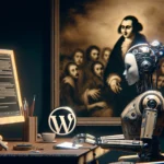 Ein eleganter, industrieller weiblicher Roboter sitzt an einem Schreibtisch und tippt auf einer Tastatur, umgeben von Goya-inspirierten, gotischen Schatten und dramatischem Licht.