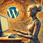 Eine weibliche Roboterfigur tippt auf einer Tastatur, umgeben von einer mystischen, symbolträchtigen Umgebung; das WordPress-Logo ist in die schwebenden Formen eingebettet.