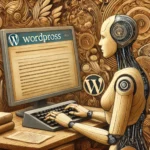 Eine weibliche humanoide Roboterfigur arbeitet am Schreibtisch und tippt; das WordPress-Logo ist subtil in die surrealen Formen und träumerischen Muster des Hintergrunds eingebettet.