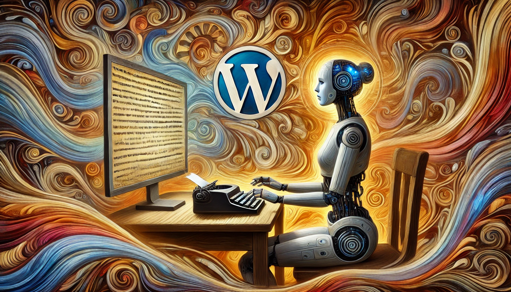 Eine weibliche humanoide Roboterfigur tippt am Schreibtisch, während das WordPress-Logo mit den abstrakten Formen des Hintergrunds verschmilzt.