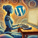 Umgeben von einer symbolischen und träumerischen Umgebung tippt eine weibliche humanoide Roboterfigur am Schreibtisch; das WordPress-Logo ist subtil in die fließenden Muster des Hintergrunds integriert