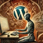 Ein männlicher humanoider Roboter arbeitet an einer Tastatur in einer detailreichen, symbolischen Landschaft; das WordPress-Logo ist nahtlos im abstrakten Hintergrund eingefügt.