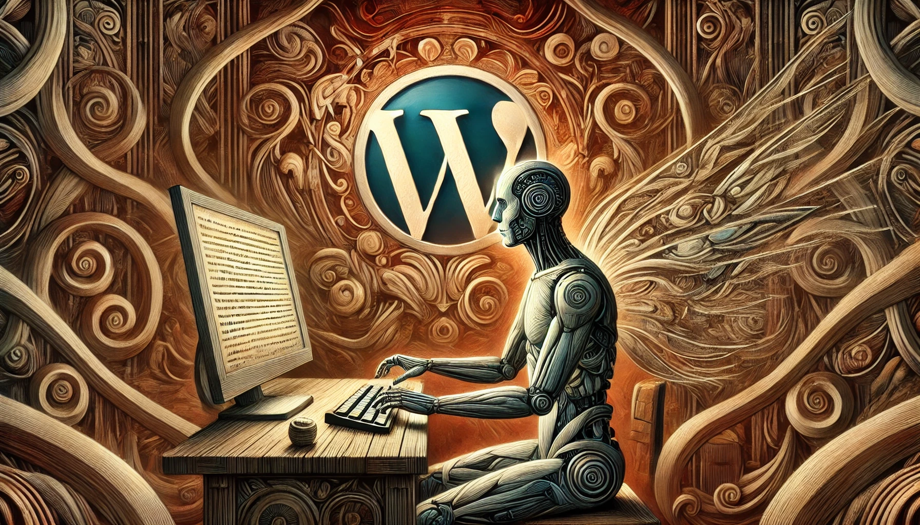 Ein männlicher humanoider Roboter arbeitet an einer Tastatur in einer detailreichen, symbolischen Landschaft; das WordPress-Logo ist nahtlos im abstrakten Hintergrund eingefügt.