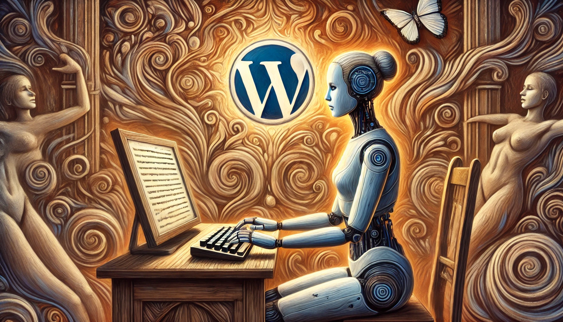 Eine weibliche Roboterfigur tippt inmitten einer reichen, symbolischen Umgebung; das WordPress-Logo verschmilzt mit den träumerischen Formen der Szene.