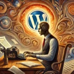 In einer komplexen, symbolträchtigen Kulisse sitzt ein männlicher humanoider Roboter an einer Tastatur; das WordPress-Logo ist dezent im traumhaften Hintergrund verborgen.