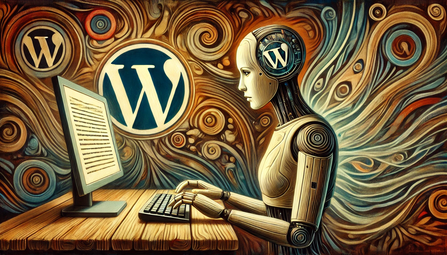 Eine weibliche humanoide Roboterfigur sitzt am Schreibtisch und tippt, während das WordPress-Logo harmonisch in die fließenden Formen des Hintergrunds eingearbeitet ist.