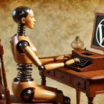 Eleganter weiblicher Roboter an antikem Schreibtisch, tippt vorsichtig auf eine kleine Tastatur; WordPress-Logo als Briefbeschwerer.