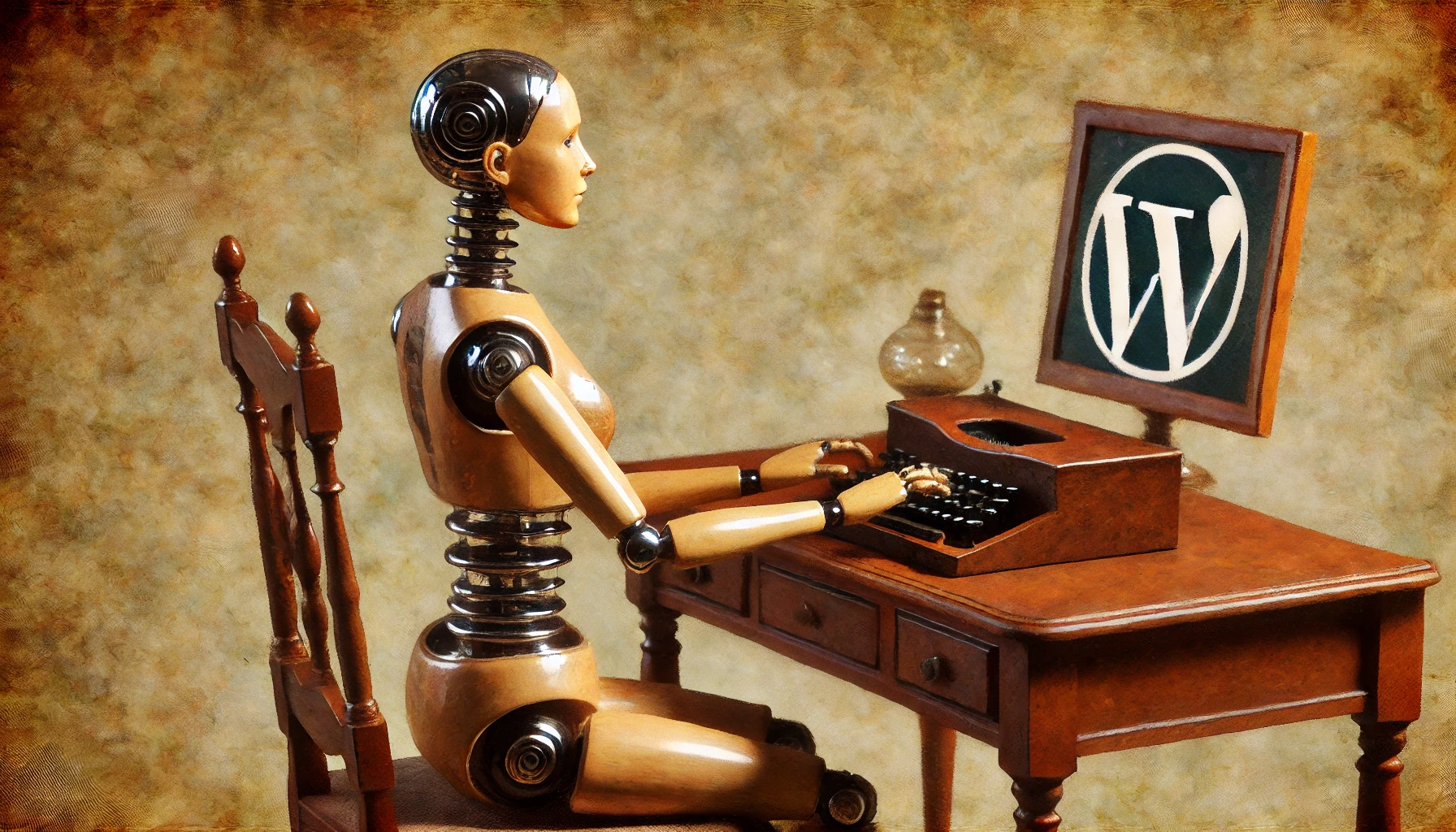 Eleganter weiblicher Roboter an antikem Schreibtisch, tippt vorsichtig auf eine kleine Tastatur; WordPress-Logo als Briefbeschwerer.