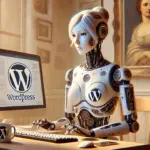 Weiblicher Roboter mit futuristischem Design an einem minimalistischen Schreibtisch, tippt auf moderner Tastatur; WordPress-Logo als Kunstwerk an der Wand.
