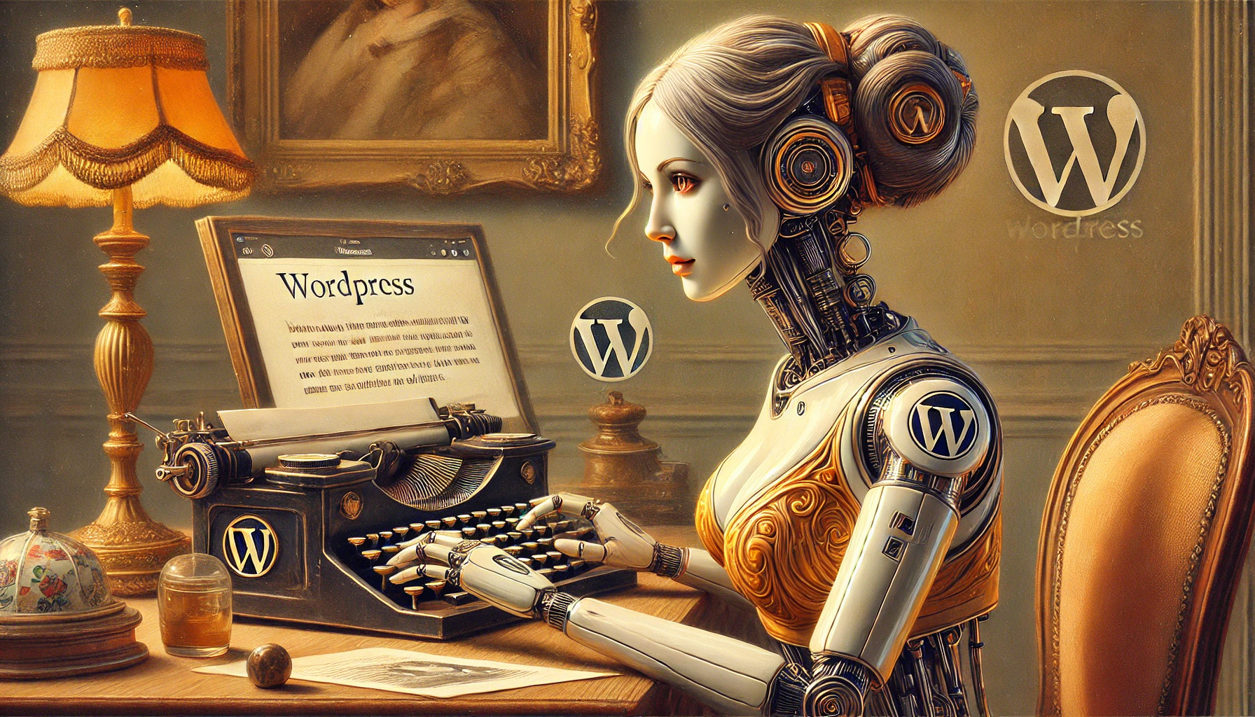 Anmutiger weiblicher Roboter an antikem Schreibtisch, tippt auf kleiner Tastatur; WordPress-Logo auf Briefbeschwerer.